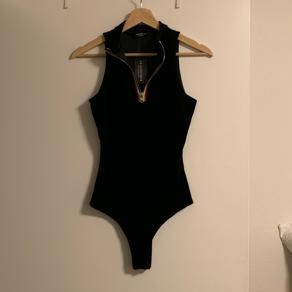 Black Velvet Bodysuit with Low Zip